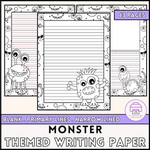 Op de afbeelding: Zwart-wit monster-thema schrijfpapier met verschillende lijnstijlen, waaronder blanco, primaire en smalle lijnen. Het ontwerp bevat cartoonmonsters en decoratieve randen. De tekst op de afbeelding luidt "MONSTER THEMED WRITING PAPER".