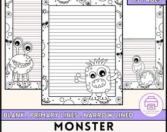 May include: Black and white monster-themed writing paper with various line styles, including blank, primary, and narrow-lined options. The design features cartoon monsters and decorative borders. The text on the image says "MONSTER THEMED WRITING PAPER".