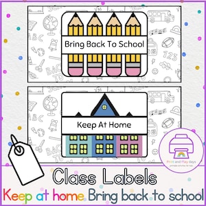 May include: Two printable classroom labels with a school theme. The first label has a stack of four yellow pencils with pink erasers and the text "Bring Back To School". The second label has a blue house with yellow windows and the text "Keep At Home".