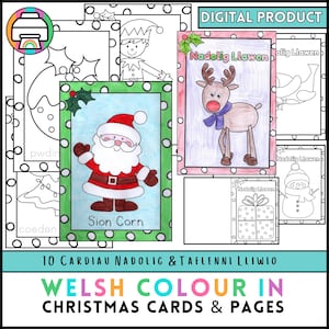 May include: A digital product featuring Welsh Christmas coloring pages and cards. The image shows a variety of festive illustrations, including Santa Claus, a reindeer, an elf, a snowman, and wrapped gifts. Text includes "Welsh Colour In Christmas Cards & Pages."