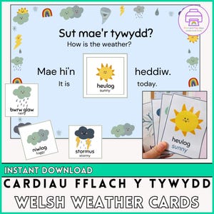 Welsh Weather Flashcards with Daily Weather Chart DIGITAL DOWNLOAD | Cardiau Fflach Y Tywydd | Welsh Classroom Decor