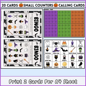 May include: A set of 20 Halloween bingo cards with a black and white design. The cards feature images of Halloween icons such as ghosts, bats, witches, and pumpkins. The cards are designed to be used with small counters. The text on the cards reads "Bingo" and "Listen for the items, mark them on your card and shout "Bingo" when you get 4 items in a row."