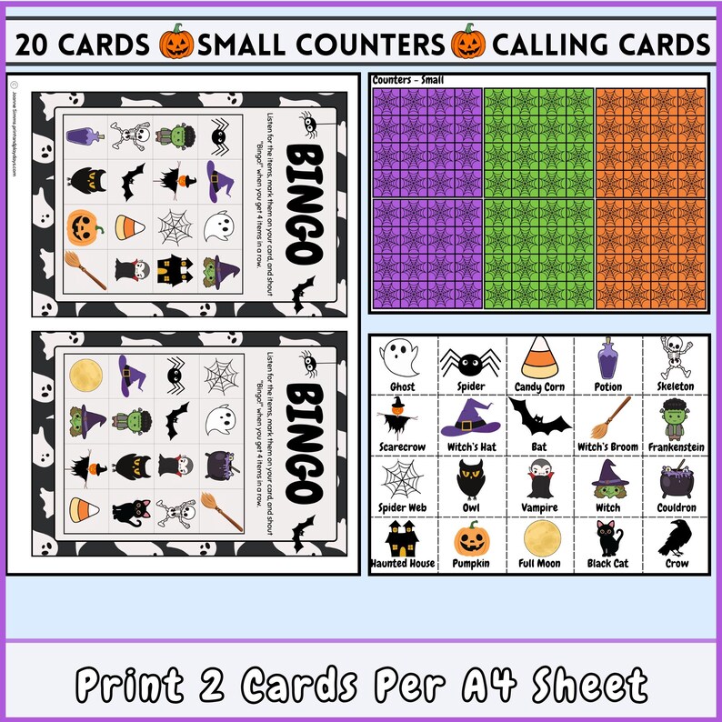 May include: A set of 20 Halloween bingo cards with a black and white design. The cards feature images of Halloween icons such as ghosts, bats, witches, and pumpkins. The cards are designed to be used with small counters. The text on the cards reads "Bingo" and "Listen for the items, mark them on your card and shout "Bingo" when you get 4 items in a row."
