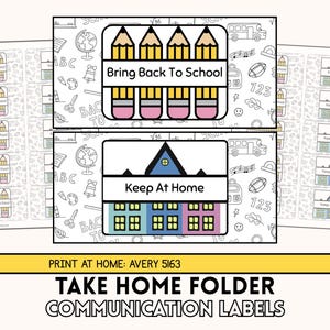 May include: Sheets of printable communication labels with school-themed illustrations. The labels feature pencils, houses, and the phrases "Bring Back To School" and "Keep At Home." The background is decorated with school-related doodles.