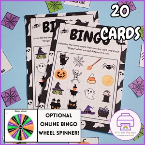 May include: Twenty printable Halloween bingo cards with a black and white design featuring images of a black cat, ghost, spider, witch, pumpkin, broom, and more. The cards are accompanied by a bingo wheel spinner.