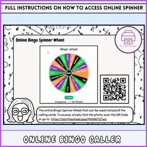 May include: A colorful Halloween-themed bingo spinner wheel with categories like "Spider Web", "Vampire", and "Full Moon". The wheel is surrounded by a black and white polka dot pattern. The text "Online Bingo Spinner Wheel" is at the top of the image. A QR code is in the upper right corner of the image. The text "Print and Play days" is in a small box in the upper right corner of the image. The text "Online Bingo Caller" is at the bottom of the image.