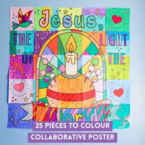 Op de afbeelding: Een uit 25 delen bestaande, collaboratieve kleurposter met de tekst Jesus, The Light Of The World. Het ontwerp bevat een centrale kaars op een taart, glas-in-loodpatronen, harten, sterren en een vogel, ingekleurd met viltstiften.