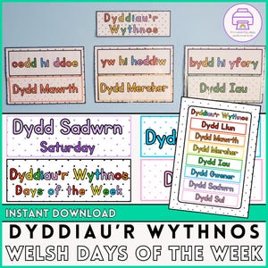 Gráfico y etiquetas de los días de la semana en galés / Pósteres de Dyddiau'r Wythnos / Decoración de aulas en galés / Decoración de aulas con temática de arcoíris