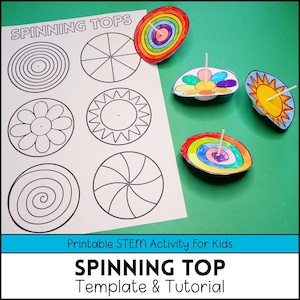 Peut inclure: Une feuille d'activité imprimable intitulée SPINNING TOPS présentant six motifs circulaires en noir et blanc, incluant des spirales, des pétales et des rayons. Quatre toupies assemblées aux motifs colorés sont placées à droite.