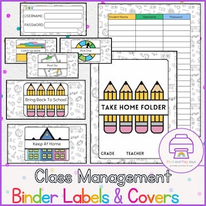May include: Printable classroom management binder labels and covers with a school bus, pencils, and a house theme. The labels include "Bring Back To School", "Keep At Home", "Must Do", "Catch Up Work", and "Pick One".