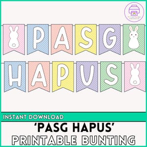 Puede incluir: Guirnalda de Pascua imprimible con el texto "PASG HAPUS" en letras blancas sobre banderines de colores pastel con lunares blancos. Cada banderín presenta una silueta de conejo blanco.