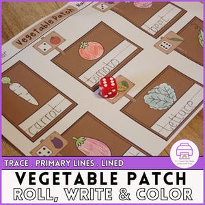 May include: A printable educational game titled "Vegetable Patch Roll, Write & Color." The game features illustrations of vegetables like carrots, tomatoes, and lettuce, with spaces for tracing and writing. A red die is placed on the game board.