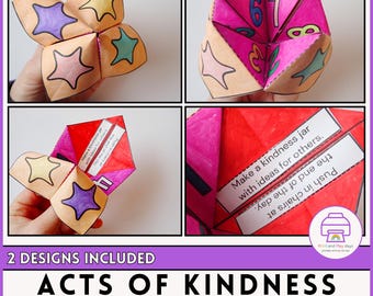 May include: Two designs for a fortune teller game with the words "Acts of Kindness Fortune Teller" printed on the front. The fortune teller is made of paper and has a colorful design with stars and numbers. The fortune teller is folded up and ready to be played.