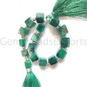 Può includere: Una collana di perline quadrate di malachite lucidata in varie tonalità di verde, infilate con distanziatori color argento. La collana è rifinita con nappe verdi, creando un elemento di gioielleria decorativo.