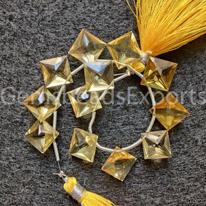 Quartz Cushion Shape Gems, Briolette Faceted Square Cut Beads, AAA+ Quality Natural Bio Lemon Quartz Stone, Lemon Quartz Gemstone | 12 Pcs.