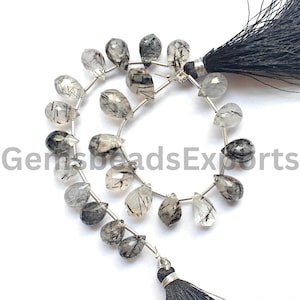 Rutile Teardrop Shape Beads, Briolette Faceted Drop Cut Gems, AAA Beautiful Black Rutile Beads, Natural Black Rutile Stone | 10.00-12.50 MM.