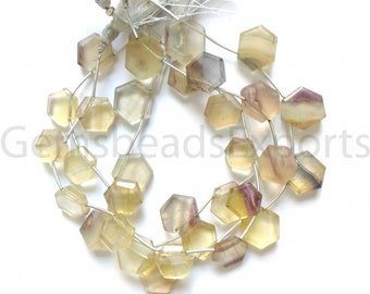 Cuentas de corte elegante facetadas tipo briolette, hermosas cuentas de fluorita AAA, piedra de fluorita multi natural, gemas de fluorita en forma hexagonal / 13,75-14,75 MM.