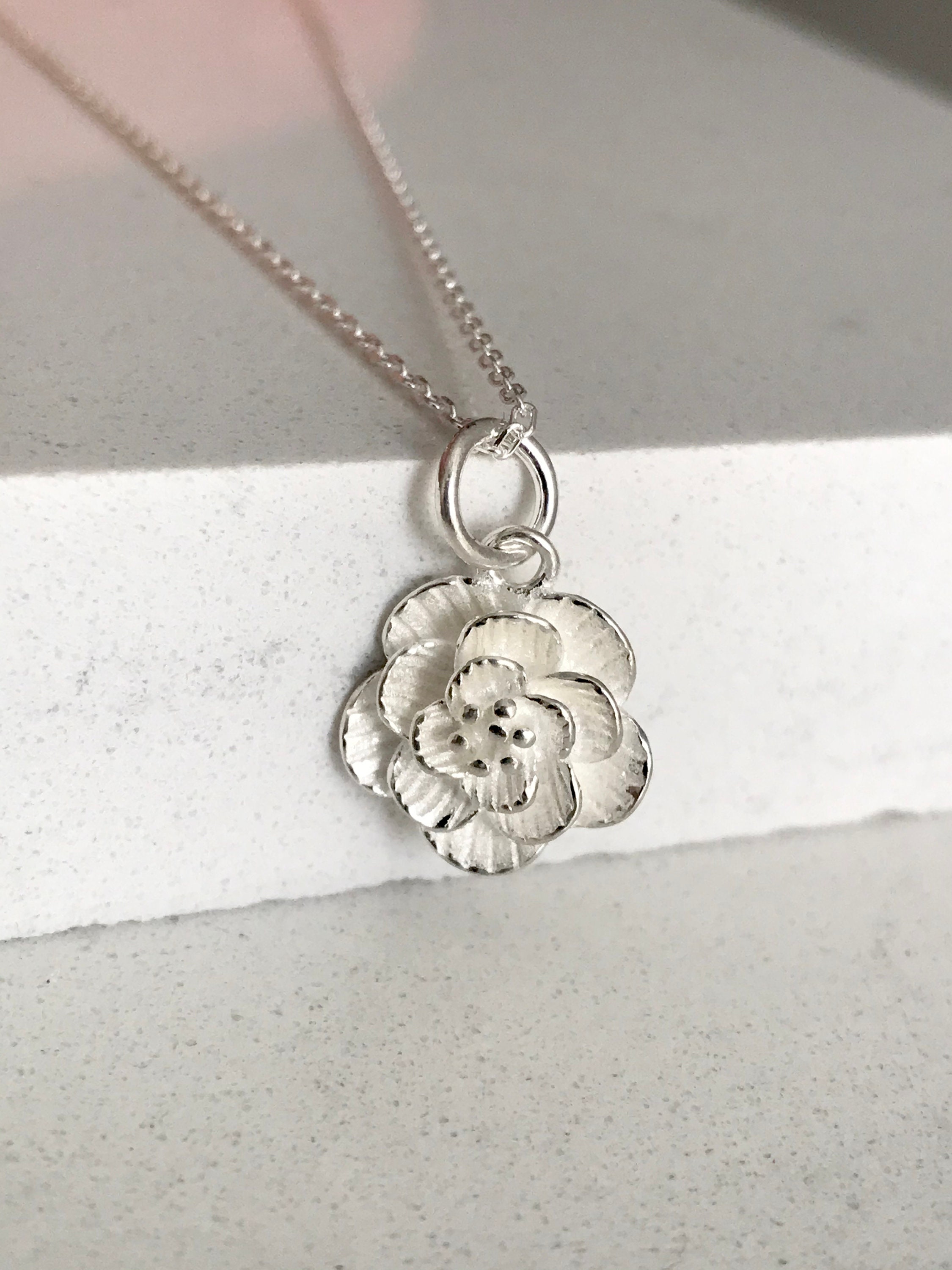 Peony Flower Pendant Necklace, 18K Gold Plated 925 Sterling