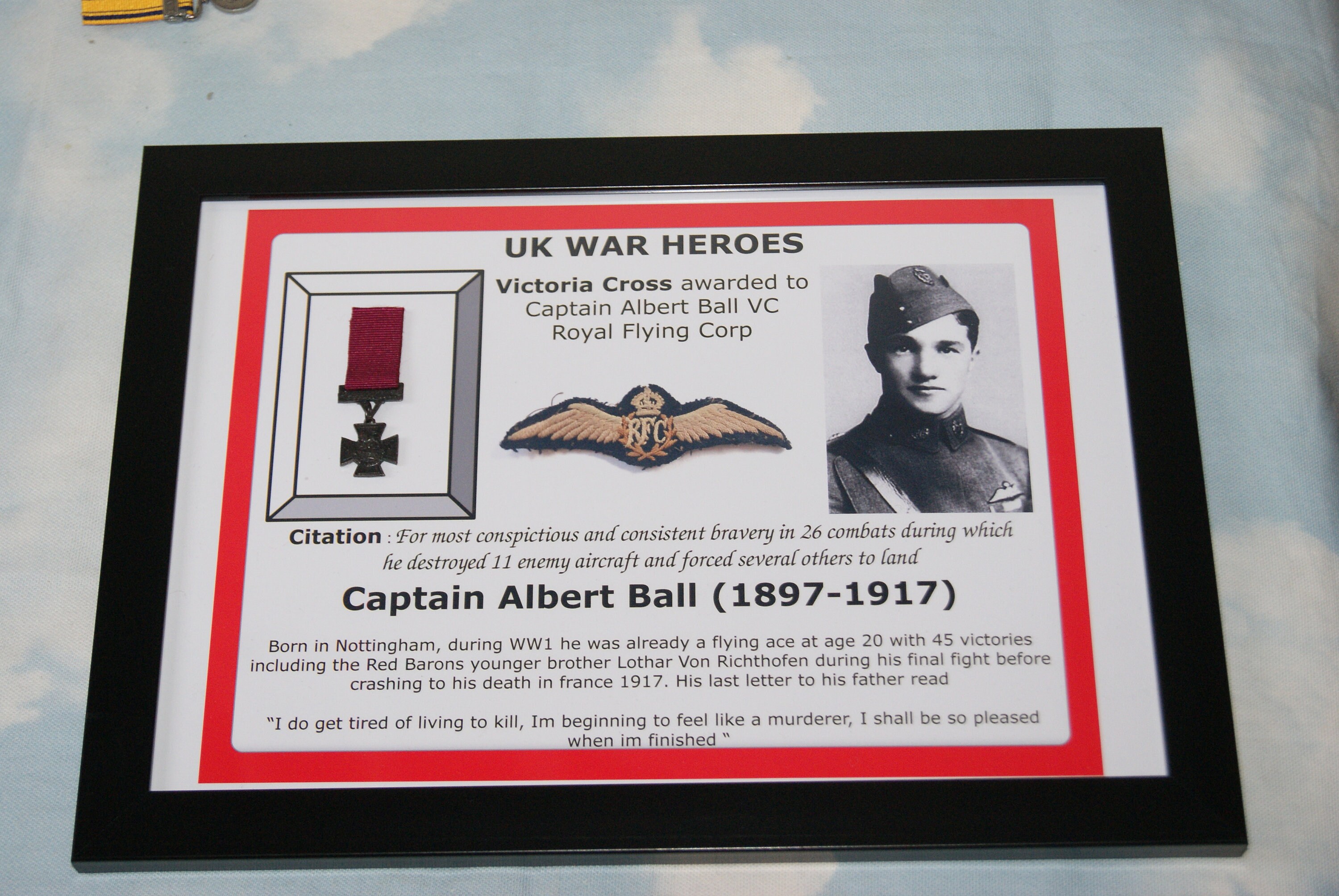 A4 Framed medal display Captain Albert Ball VC Royal Air Force WW1 hero and air ace