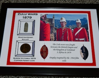 ZULU WAR found relic A4 framed display with authentic martini henry round + 1879 penny coin + Zulu DVD + Coc