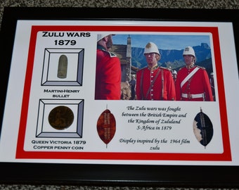 ZULU WAR found relic A4 framed display with authentic martini henry round + 1879 penny coin + Zulu DVD + Coc