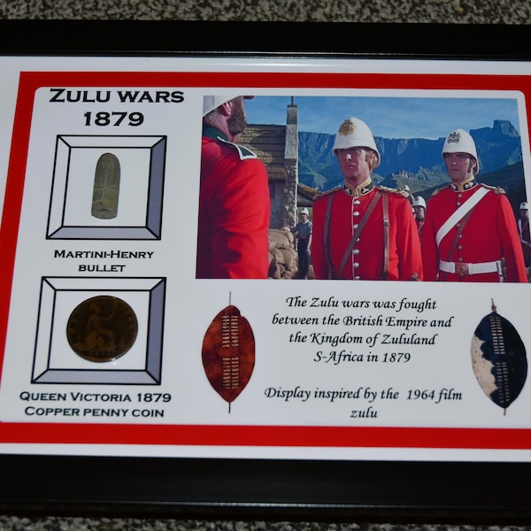 ZULU WAR found relic A4 framed display with authentic martini henry round + 1879 penny coin + Zulu DVD + Coc