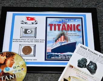 TITANIC ship salvaged coal relic FRAMED PRESENTATION with 1912 penny and titanic dvd film