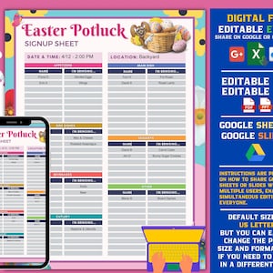 Op de afbeelding: Een printbaar inschrijfformulier voor een Paas-potluck met een kleurrijk ontwerp met een konijn en paaseieren. Het formulier bevat secties voor hapjes, hoofdgerecht, bijgerechten, desserts, dranken, bestek en andere. Het formulier is bewerkbaar in Excel, PDF en PPT-formaten en kan worden gedeeld op Google Sheets en Google Slides.