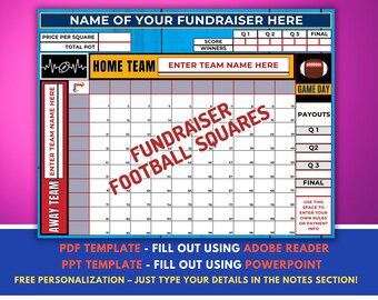 Editable Football Fundraiser Squares: Edit Team/Fundraiser Name & Squares using PDF or PowerPoint, 100 squares, Football Fundraiser Template