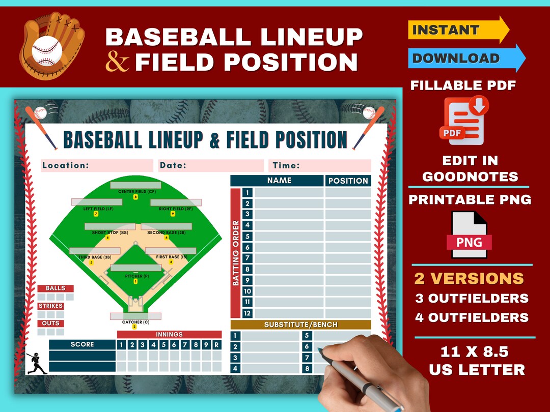 Baseball Lineup and Field Position, Baseball Batting Order, Editable Lineup, Coaching Print