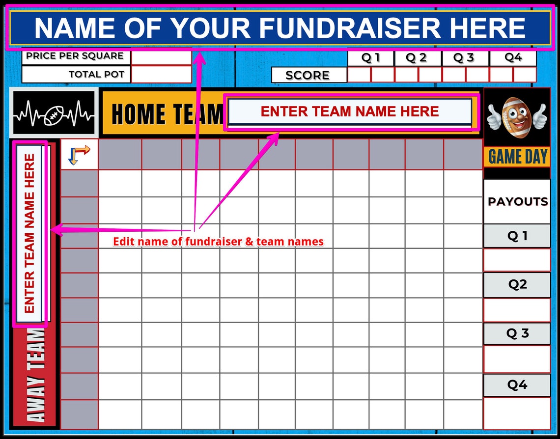 Editable Football Fundraiser Squares Edit Team & Fundraiser Name With Editable Football Fundraiser Squares Edit Team & Fundraiser Name With