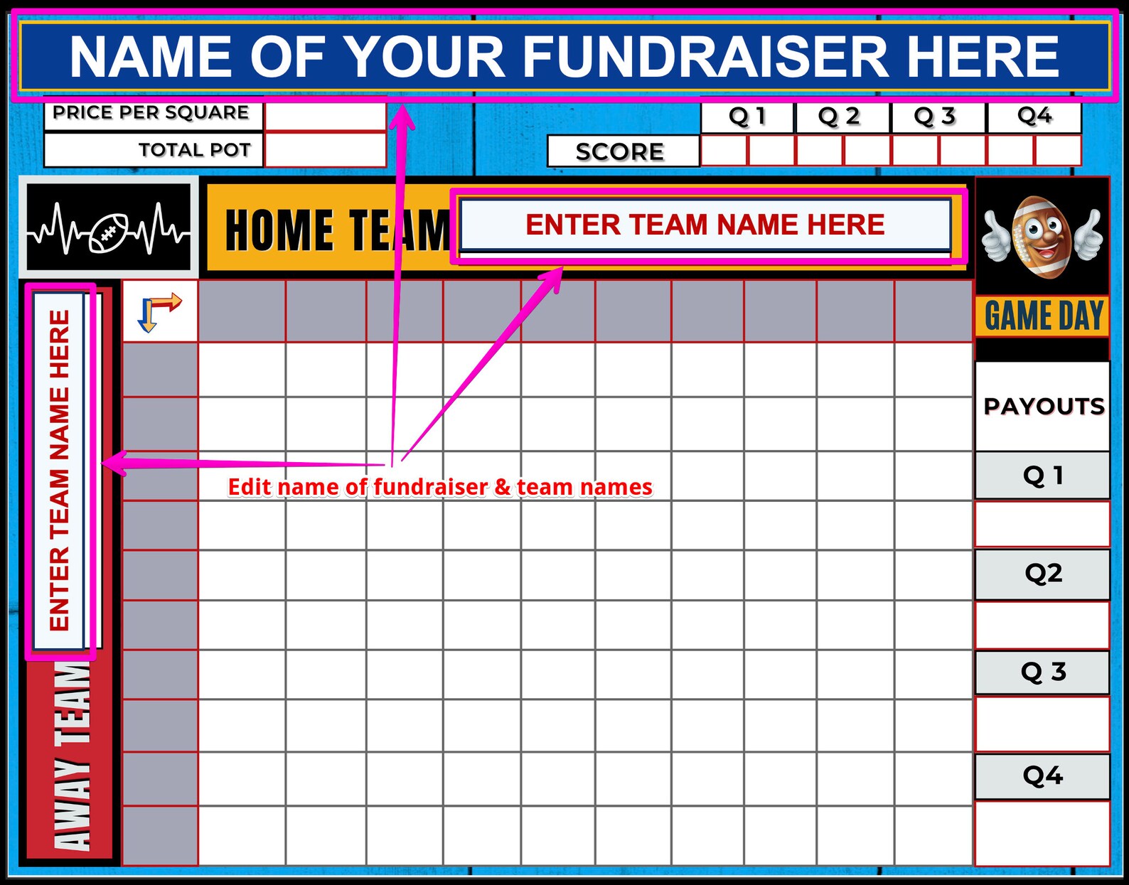 Editable Football Fundraiser Squares Edit Team & Fundraiser Name With