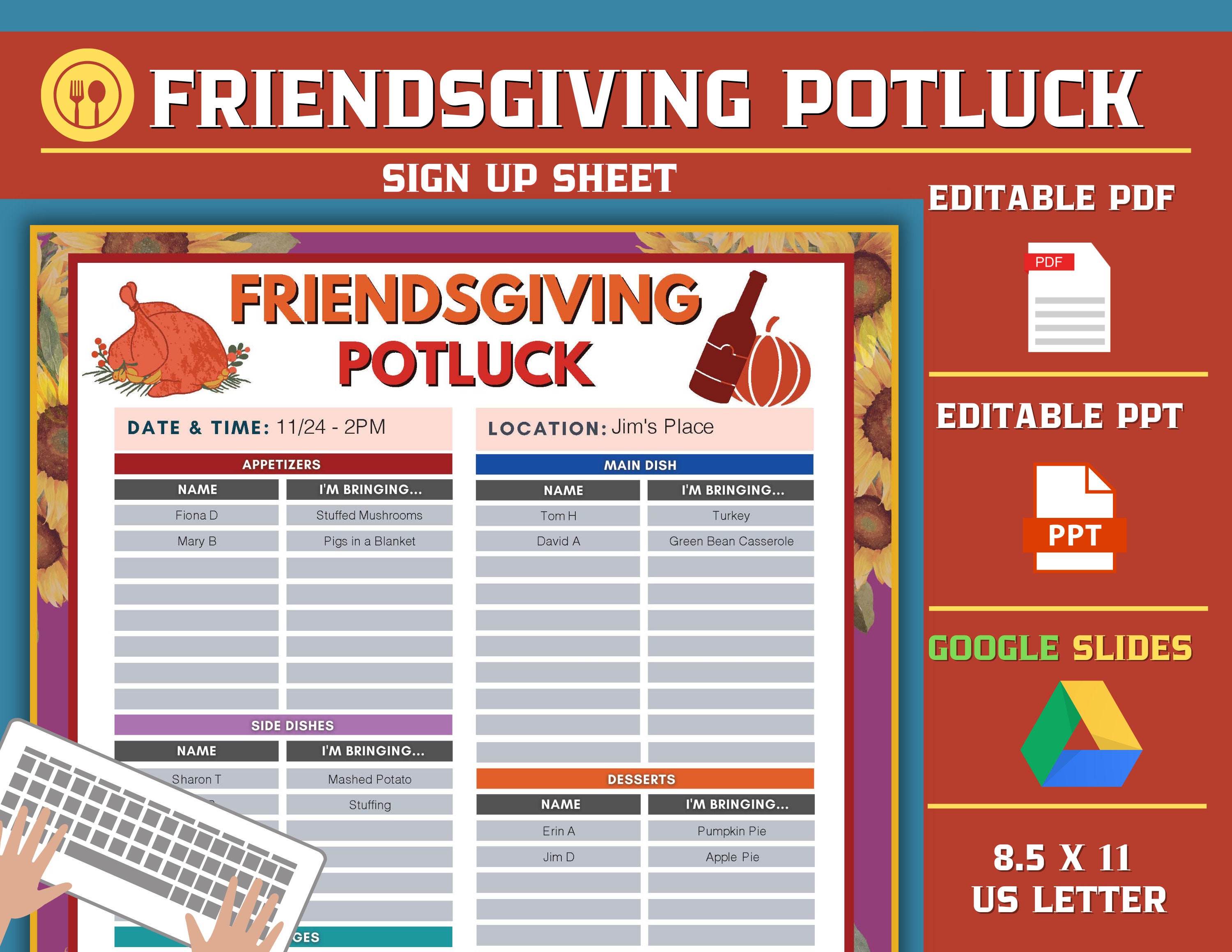 Friendsgiving Potluck Sign up Sheet, Google Slides, Editable PDF, Food Friendsgiving Potluck Sign up Sheet, Google Slides, Editable PDF, Food