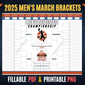 2025 Printable Mens March Brackets, Mens Bracket, Mens Basketball PNG, College Basketball Bracket, Digital Download, Basketball Tournament