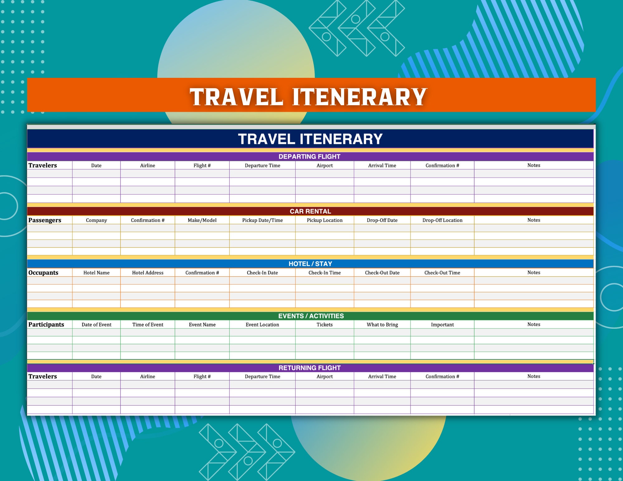 Travel Itinerary Google Sheets Template Google Sheets Etsy Portugal