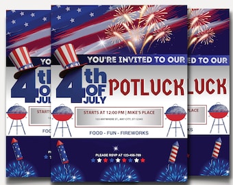 4th of July Potluck Invite, Independence Day, Digital Invitation, Party Invite, Summer Party, Digital Download, Editable Template, July 4th
