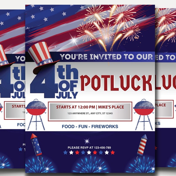 4th of July Potluck Invite, Independence Day, Digital Invitation, Party Invite, Summer Party, Digital Download, Editable Template, July 4th