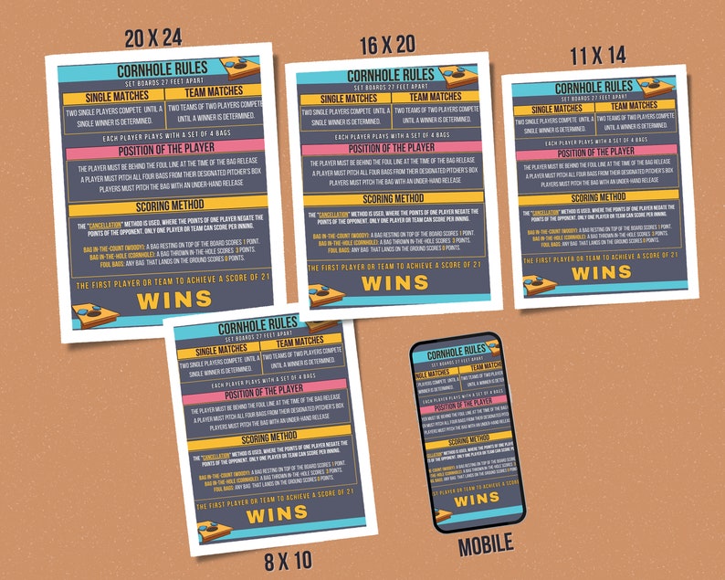 Printable Cornhole Rules Sign 5 Sizes, Mobiletext Friendly, Great for