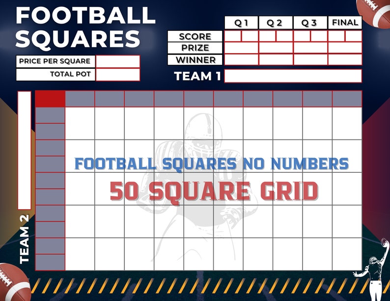 Football Squares, 50 Squares, Editable PDF Template, Printable PNG File Football Squares, 50 Squares, Editable PDF Template, Printable PNG File