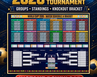 Printable 2026 World Cup Tournament Schedule & Bracket, Football Match Tracker, 2026 Soccer Bracket, Printable World Cup Poster, Soccer 2026