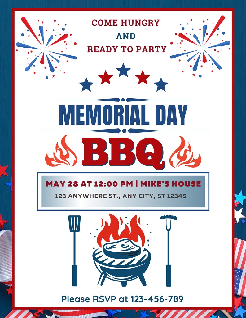 Memorial Day BBQ Invitation, Editable Template, Party Invite, Patriotic ...