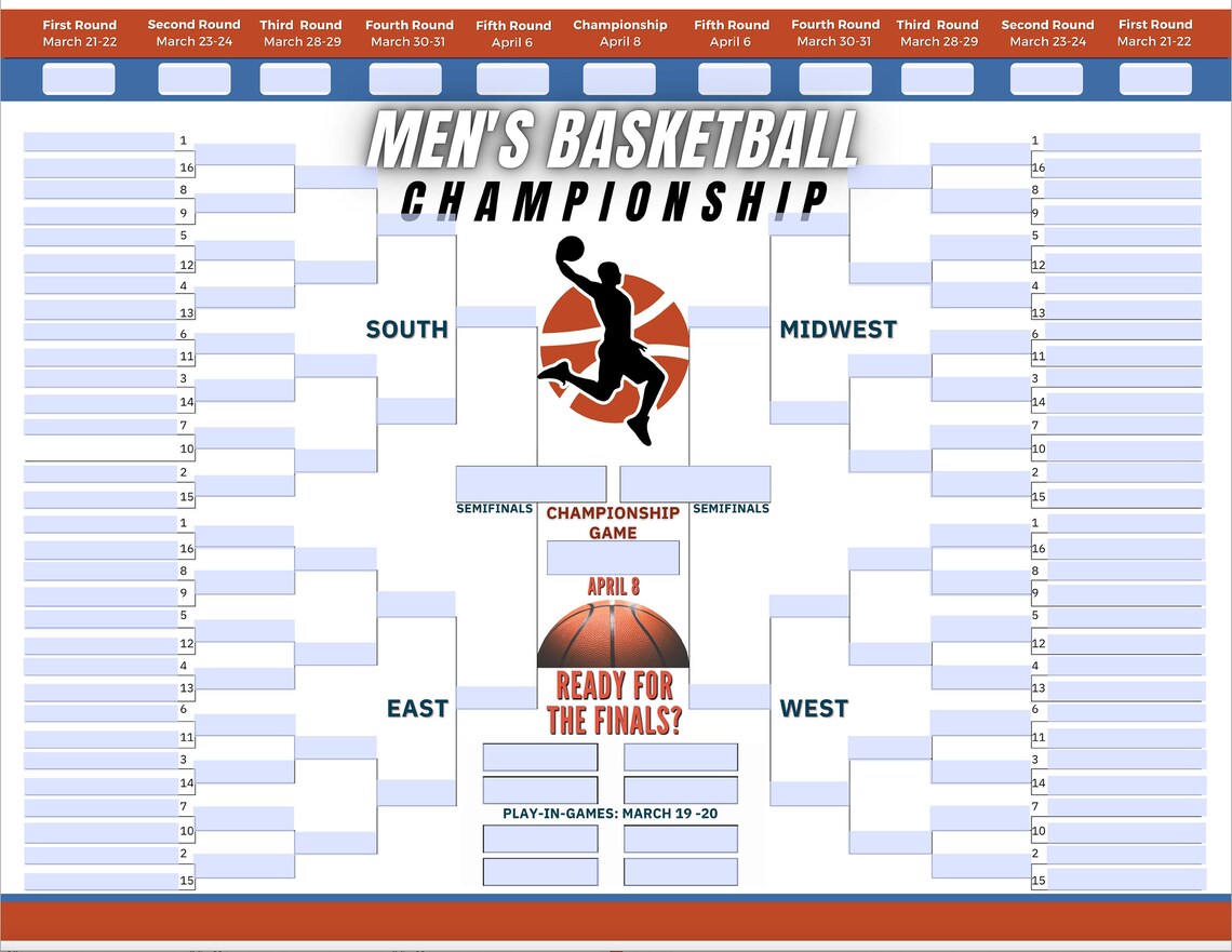 2025 Printable Men's March Brackets, Mens Bracket, Mens Basketball PNG