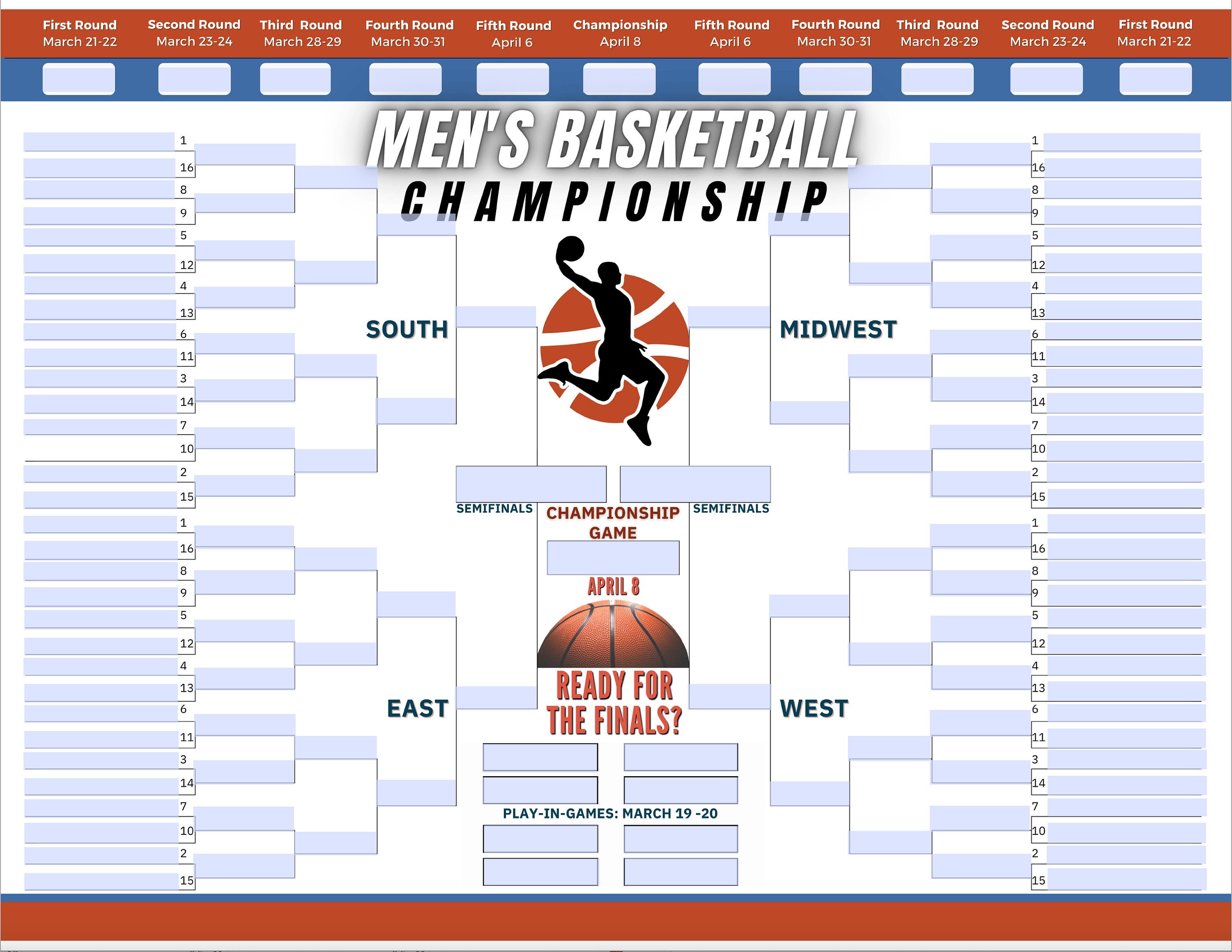 2024 Printable Mens March Brackets, Mens Bracket, Mens Basketball PNG