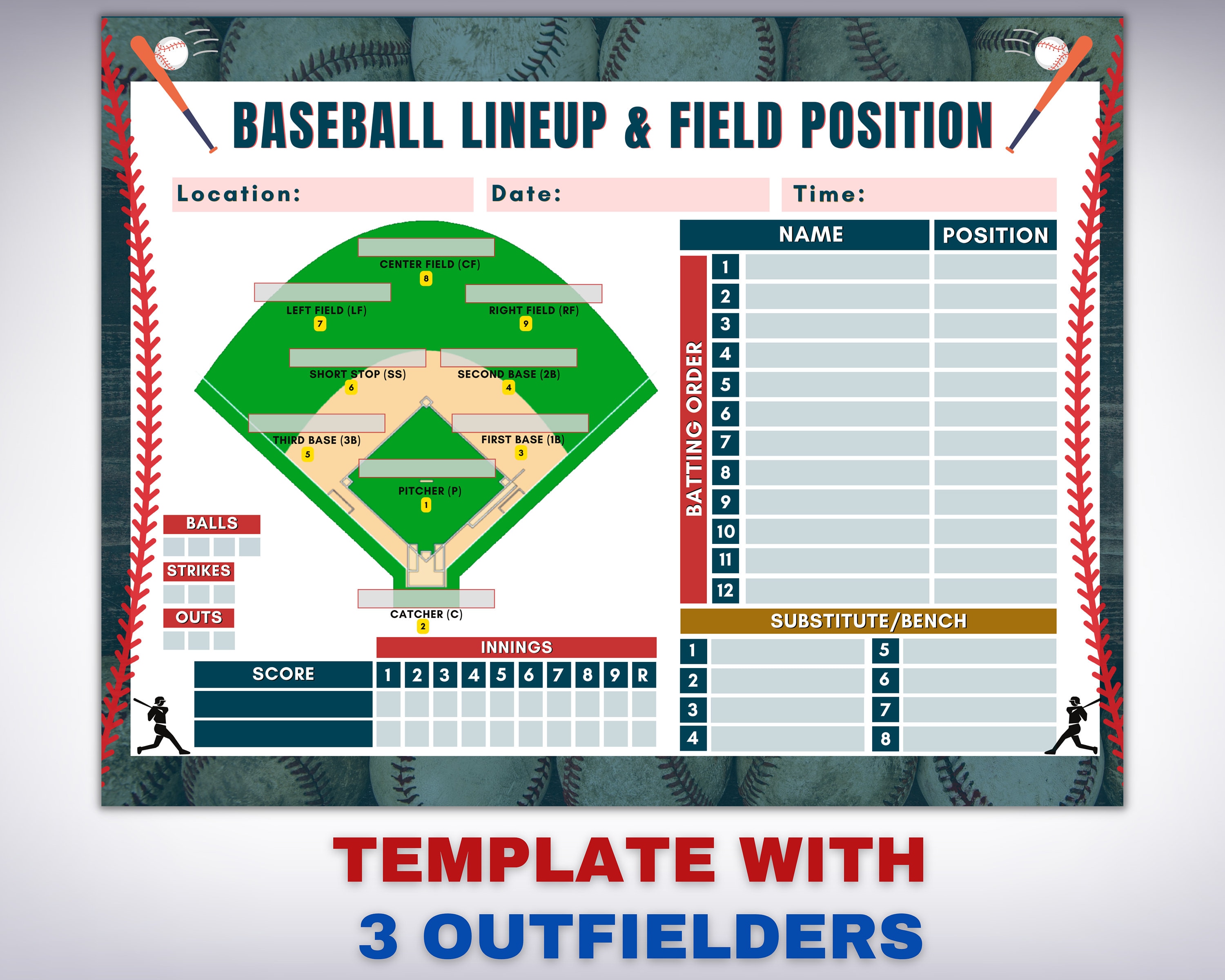 Baseball Lineup and Field Position, Baseball Batting Order, Editable Lineup, Coaching Print