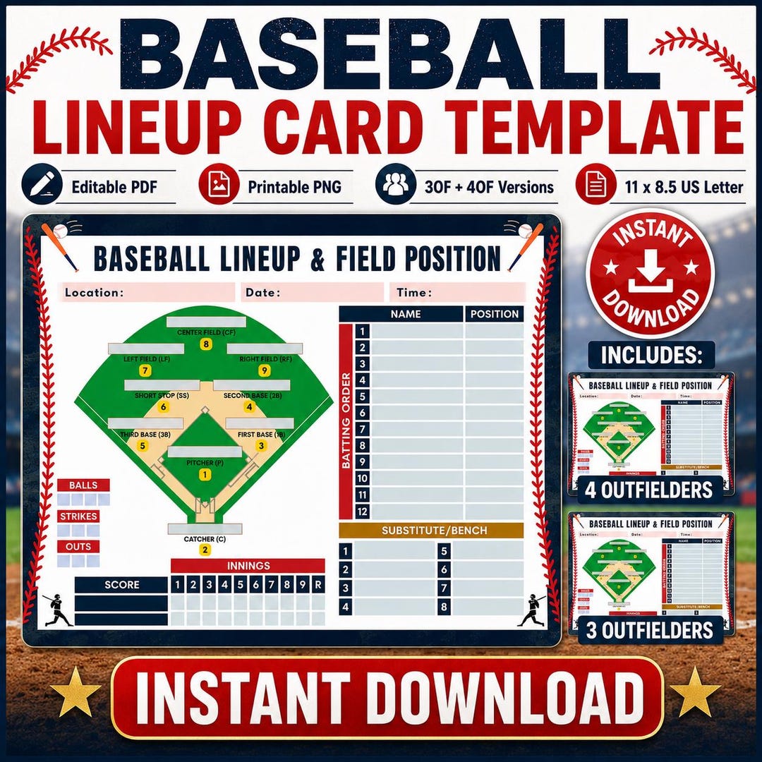 Baseball Roster Layout Baseball Lineup and Field Position, Baseball Batting Order, Editable ...