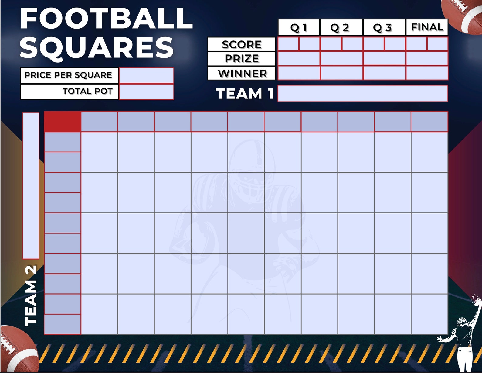 Football Squares 50 Squares Editable PDF Template Printable PNG File 
