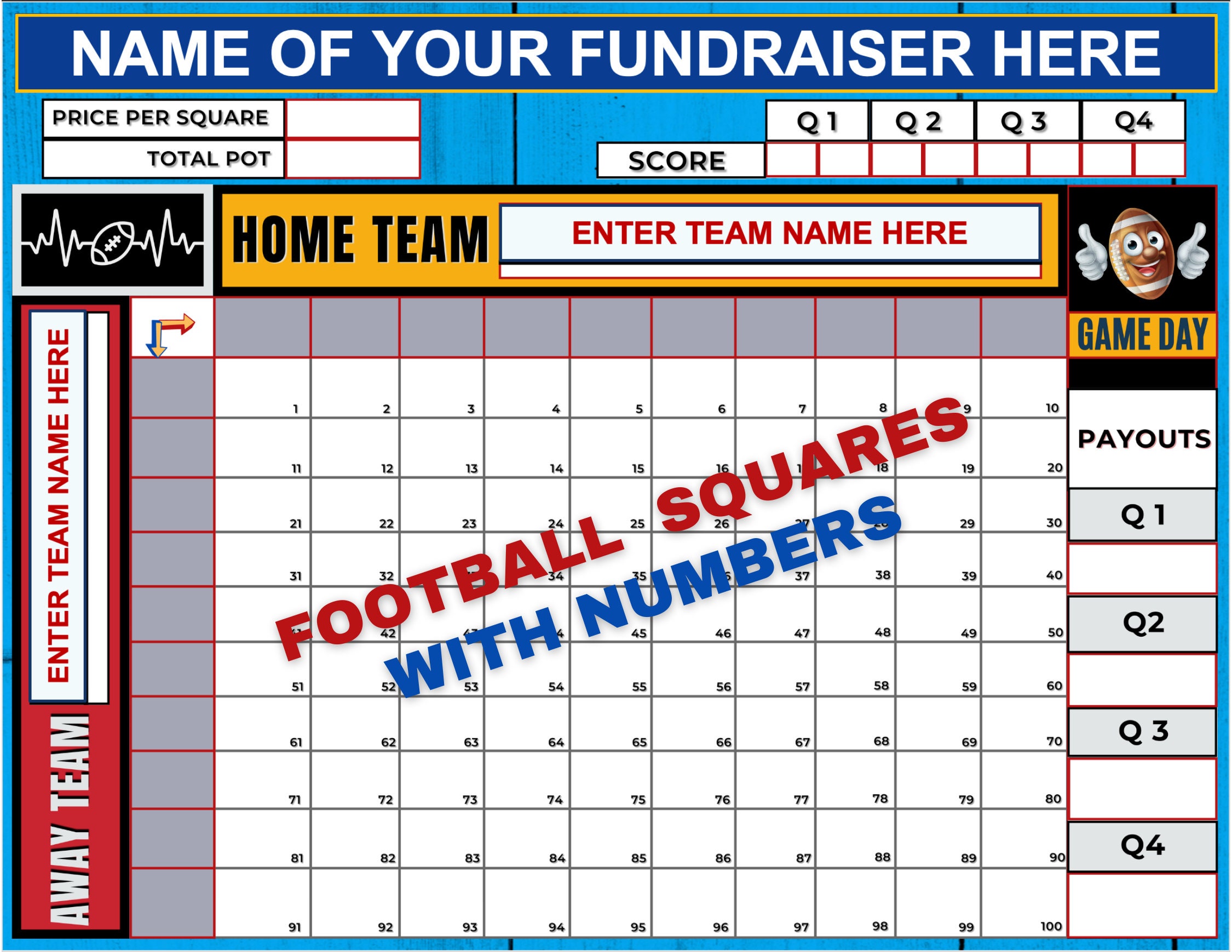 Editable Football Fundraiser Squares Edit Team & Fundraiser Name With Editable Football Fundraiser Squares Edit Team & Fundraiser Name With