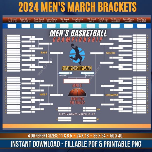 2024 Printable Men's Basketball Championship, Men's March Brackets, Basketball PNG, College Basketball Bracket, Basketball Tournament