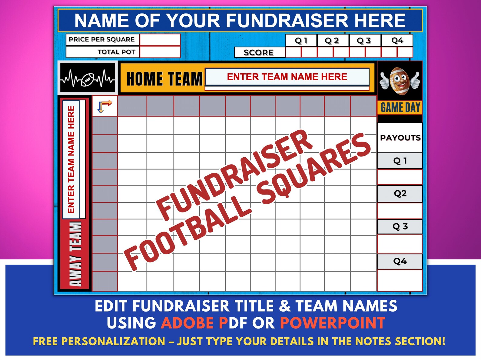 Editable Football Fundraiser Squares Edit Team & Fundraiser Name With