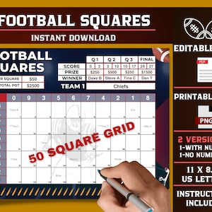 Football Squares, 50 Squares, Editable PDF Template, Printable PNG File, Football Boxes, Super Squares, 10x5 squares, Football Pool Template
